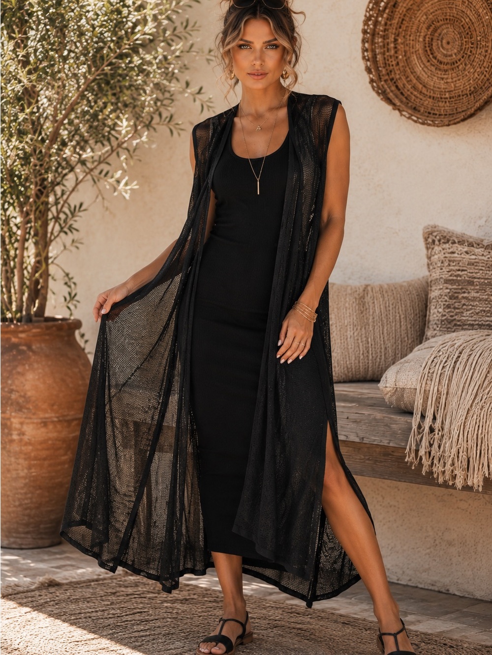 NWT Rhea Black Lightweight Net Kimono Duster One Size Boho Layering A33 - Picture 2 of 7